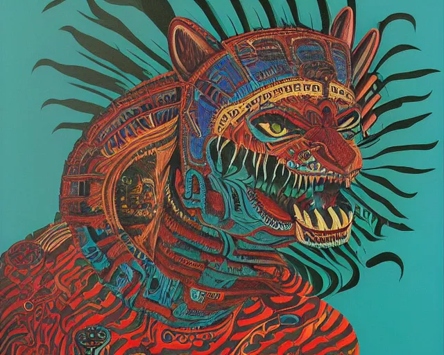 Prompt: a detailed acrylic painting of mayan jaguar warrior, the artist is charles burns, alex grey, cut out collage 1 9 7 6.