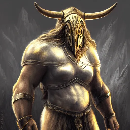 Image similar to Giant minotaur humanoid beast warrior with two handed axe, horned helmet, concept art, heavy white and golden armor, giant horns, portrait, dungeons and dragons, hyperrealism, high details, digital painting, dark fantasy