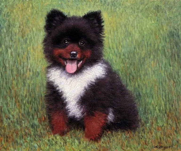 Image similar to brown and black pomeranian, cute, monet, oil painting