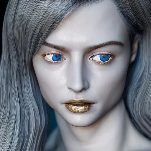 Image similar to portrait of an incredibly realistic porcelain woman. Gold veins. Macro details. 8k. Octane render.