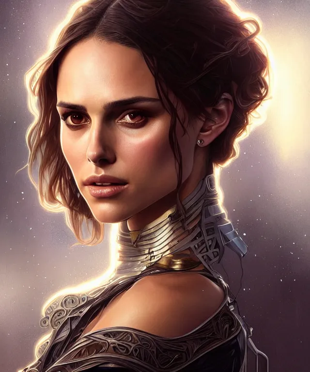 Image similar to half Nathalie portman half jessica alba portrait, sci-fi, amber eyes, beautiful face, appealing long hair, fantasy, intricate, elegant, highly detailed, digital painting, artstation, concept art, smooth, sharp focus, illustration, art by artgerm and greg rutkowski and alphonse mucha