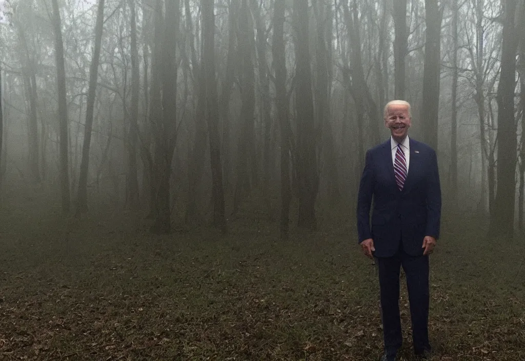 Image similar to low quality iphone photo of joe biden standing ominously deep in the foggy woods with a demonic smile in his face, low visibility creepy, grainy, trail cam footage