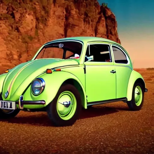 Image similar to promotion movie still of a ( volkswagen beatle ) car is a hybrid of an insect lady bug. the hybrid is racing down a dusty back road. cinematic, 4 k, imax, 7 0 mm