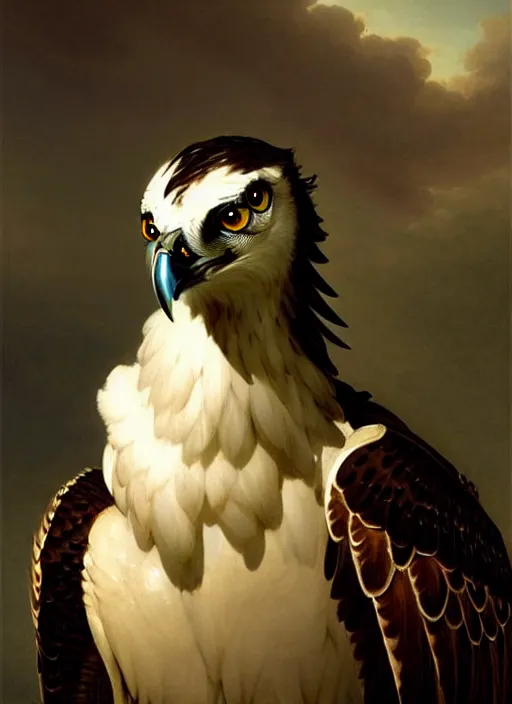 Prompt: a beautiful closeup shot from a fantasy film of a humanoid osprey wearing a loose tunic. an anthropomorphic osprey. portrait. joseph ducreux, greg rutkowski.