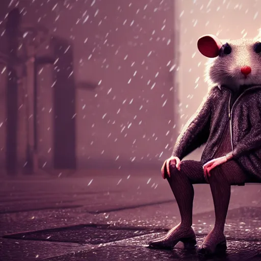 Image similar to anthropomorphic rat, octane render, 3 d, sad, lonely, moody lighting, wearing a fur coat, in the rain, at night, sitting on a park bench