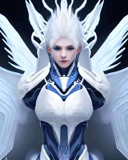 Prompt: perfect white haired alien being with huge white dove wings, warframe armor, beautiful, symmetric, dreamy, half asian, pretty face, blue eyes, detailed, scifi platform, laboratory, experiment, 4 k, ultra realistic, epic lighting, android body, illuminated, cinematic, masterpiece, art by akihito tsukushi, voidstar