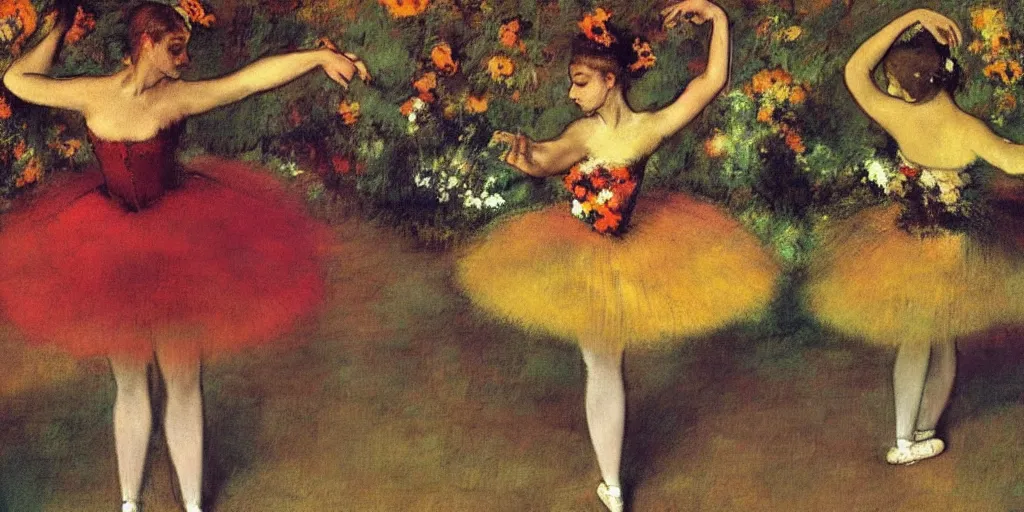 Image similar to anthropomorphic flowers performing ballet by Edgar Degas