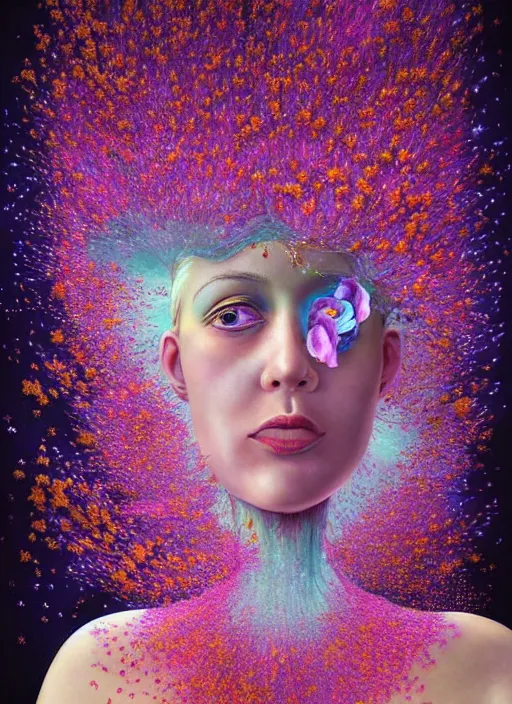 Prompt: hyper detailed emotional 3d render like a Oil painting - Aurora (Singer) looking adorable and seen joyfully Eating of the Strangling network of muted yellowcake aerochrome cracks and milky Fruit and Her delicate Hands hold of gossamer polyp blossoms bring iridescent fungal flowers whose spores black the foolish stars to her adorable smirking mouth by Jacek Yerka, Mariusz Lewandowski, Houdini algorithmic generative render, Abstract brush strokes, Masterpiece, Edward Hopper and James Gilleard, Zdzislaw Beksinski, Mark Ryden, Wolfgang Lettl, hints of Yayoi Kasuma, octane render, 8k
