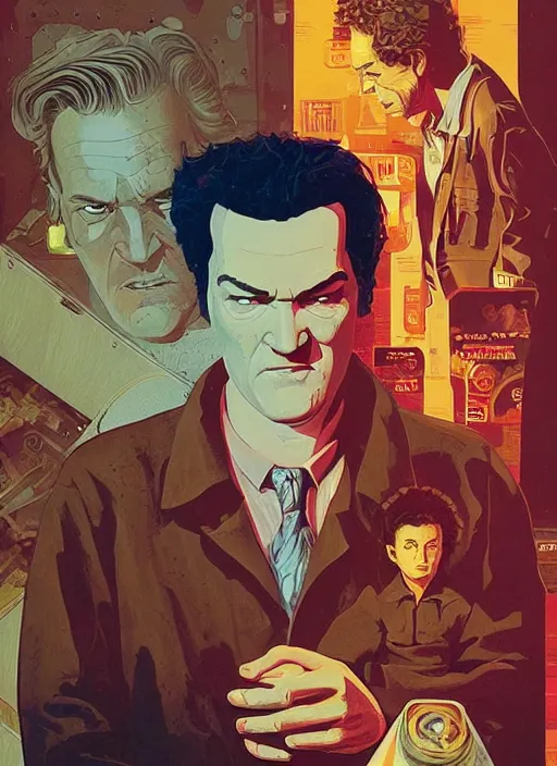 Image similar to poster artwork by Michael Whelan and Tomer Hanuka, Karol Bak of portrait of Quentin Tarantino the local video store kerk, from scene from Twin Peaks, clean, simple illustration, nostalgic, domestic, full of details