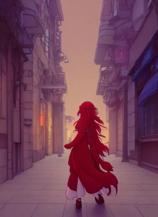 Prompt: pretty young woman with long red hair walking down a city street at night, path traced, highly detailed, high quality, digital painting, by studio ghibli and alphonse mucha, leesha hannigan, makoto shinkai, disney