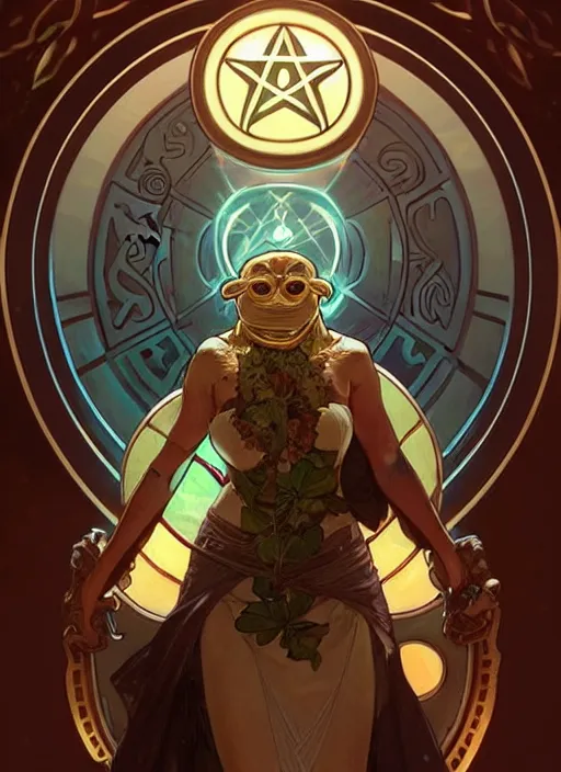 Prompt: digital character concept art by artgerm and greg rutkowski and alphonse mucha. clear portrait of an anthropomorphic tortoise cleric with glowing arcane runes painted on his shell, holding a pentagram shield, gritty coloring, intricate, elegant, digital painting, artstation, smooth, sharp focus