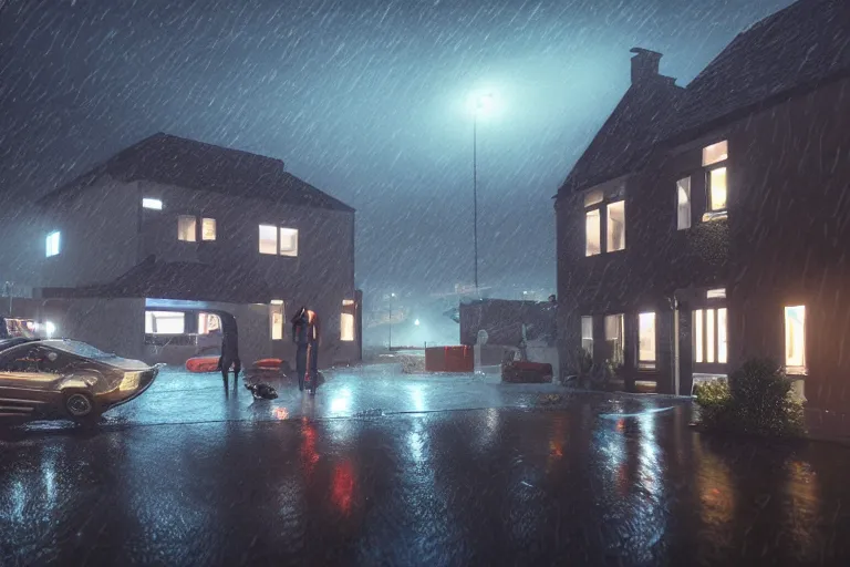 Image similar to cyberpunk, an estate agent listing photo, external view of a 5 bedroom detached city house in the UK, it's raining, car on the driveway, by Paul Lehr, highly detailed, photorealistic, unreal engine, 8k, anamorphic, cinestill cinematrography