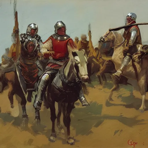 Prompt: man on horseback, wearing chainmail and gambeson, medieval joust by greg manchess, bernie fuchs, walter everett, lost edges