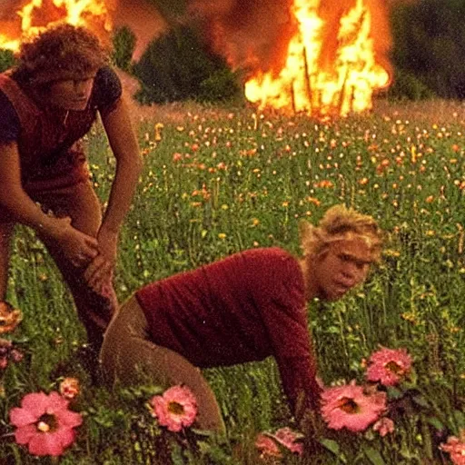 Image similar to vhs 1 9 8 0 s footage of a scene from the movie midsommar a - line shaped wooden building on fire, field of flowers