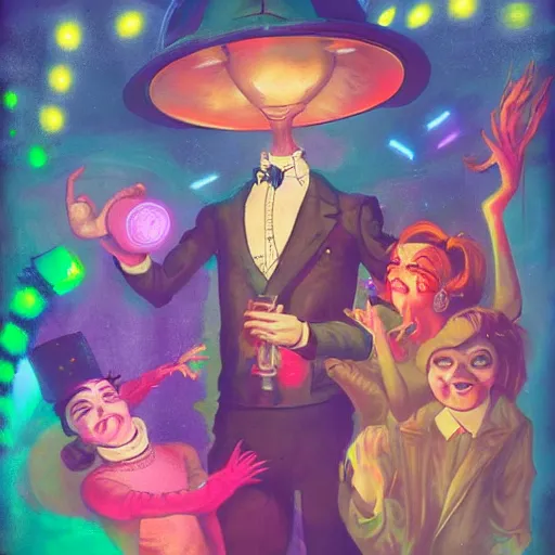 Prompt: young aliens in a fancy vintage nightclub dancing and drinking, partylights, great colors, by esao andrews, trending on artstation