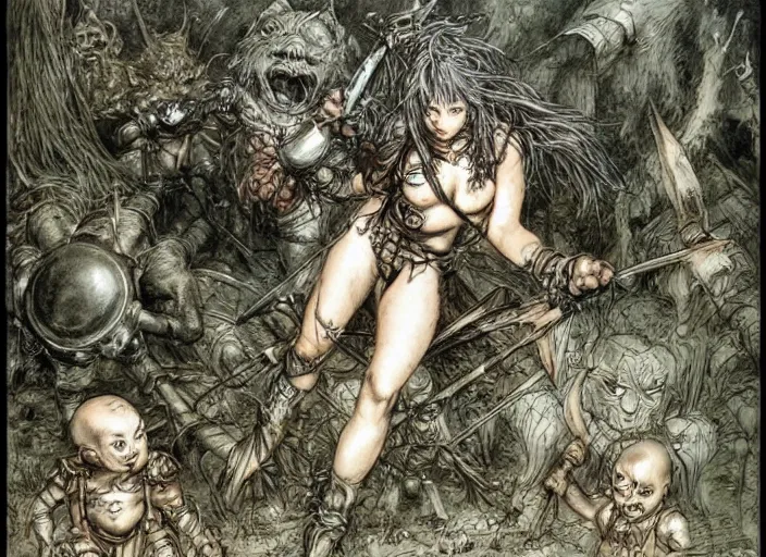 Prompt: bald barbarian girl fighting small cute goblins by Luis Royo and Ian Miller