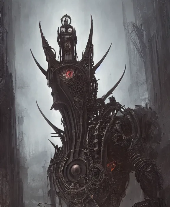 Image similar to steampunk style Sauron, futuristic technology, menacing pose, by HR Giger and Beksiński and Stephan Martiniere , 4k resolution, detailed, trending on artstation