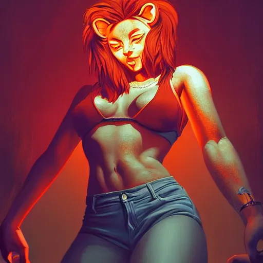 Prompt: a lion inside a night club, people dancing, hyperdetailed, in the style of artgerm, deviantart, figurative art, deviantart, ilya kuvshinov, lovecraftian