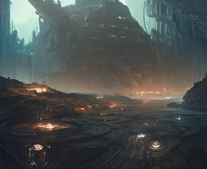 Image similar to A colony built on the dark side of an asteroid as a Starcitizen loading screen, intricate, dystopian, fantasy, extremely detailed, digital painting, artstation, concept art, smooth, sharp focus, illustration, stark lighting, incredible art by artgerm and greg rutkowski and alphonse mucha and simon stalenhag