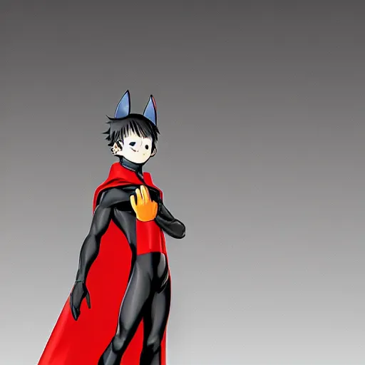 Prompt: little boy with cat ears in an black latex suit with red cape. digital artwork made by kohei horikoshi, inspired by western comic