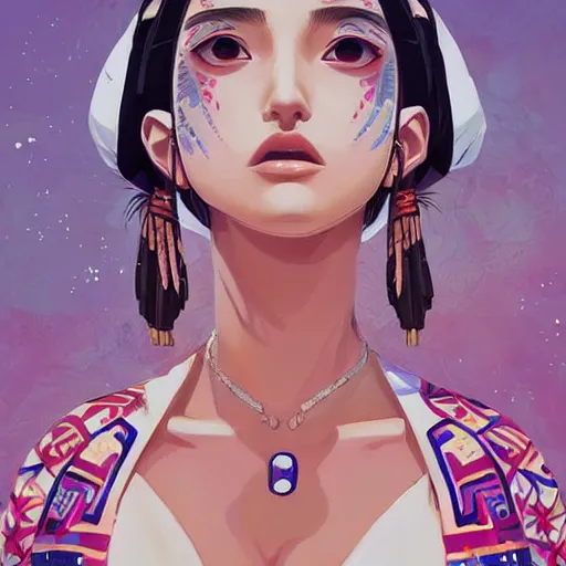 Image similar to a beautiful young japanese natalie portman alluring gravure model, stylized concept art, wearing elegant designer bomber jacket and one piece bikini, bomber jacket with mesoamerican patterns, mesoamerican native street fashion, princess mononoke, painted by ilya kuvshinov aesthetic, gorgeous, stunning, alluring, attractive, artstation, pinterest, digital art