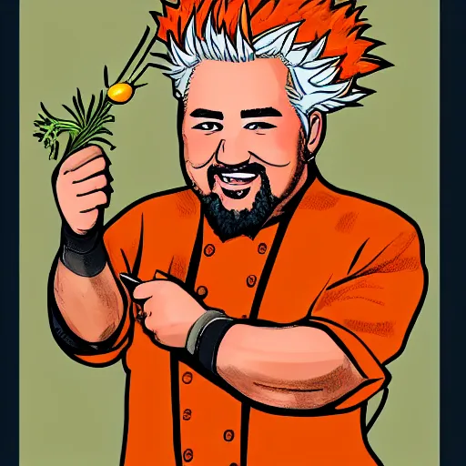 Prompt: guy fieri holding a carrot in the style of vintage botanical illustration hd