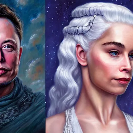 Prompt: elon musk as daenerys targaryen, portrait in the style of konstantin razumov, extremely detailed