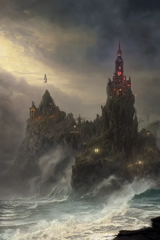 Prompt: a hyperdetailed matte painting of a goth vampire princess floating in front of a tower, crackling lighting magic, overlooking cliffs and crashing waves in the background, highly detailed, deep focus, elegant, digital painting, sharp focus, ultra realistic, 8 k, art by greg rutkowski and rembrandt and alphonse mucha, ultrawide lens