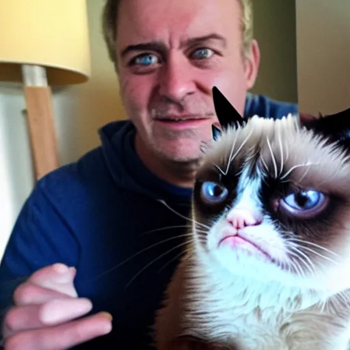 Prompt: grumpy cat with a cardboard cutout of a smile held on a stick in front of his face