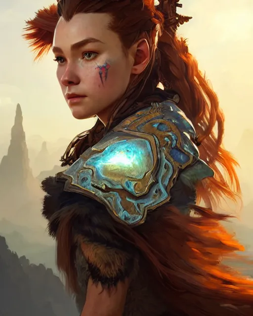 Image similar to Aloy (Horizon Zero Dawn), closeup, D&D, fantasy, intricate, elegant, highly detailed, digital painting, artstation, concept art, matte, sharp focus, illustration, hearthstone, art by Artgerm and Greg Rutkowski and Alphonse Mucha