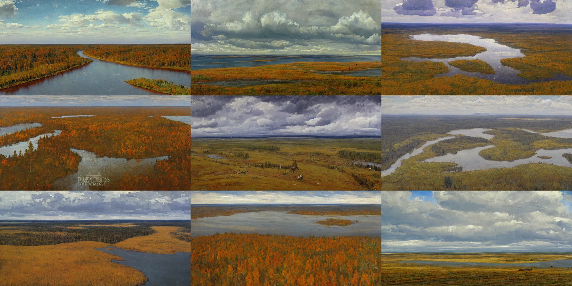 Prompt: painting in the style of Isaac Levitan, Savrasov, ivan shishkin, T Allen Lawson and Ian Fisher and sidney richard percy, view from above from plane, wide river and tiny house on the top of the hill, november october siberian taiga, coast, strong wind, road to the sea, low clouds after rain, wet grass, dream heavenly cloudy sky, horzon, hurricane stromy clouds, roads among fields, Alpes, small village, forests and mountains at sunset sunrise, volumetric lighting, very beautiful scenery, pastel colors, ultra view angle view