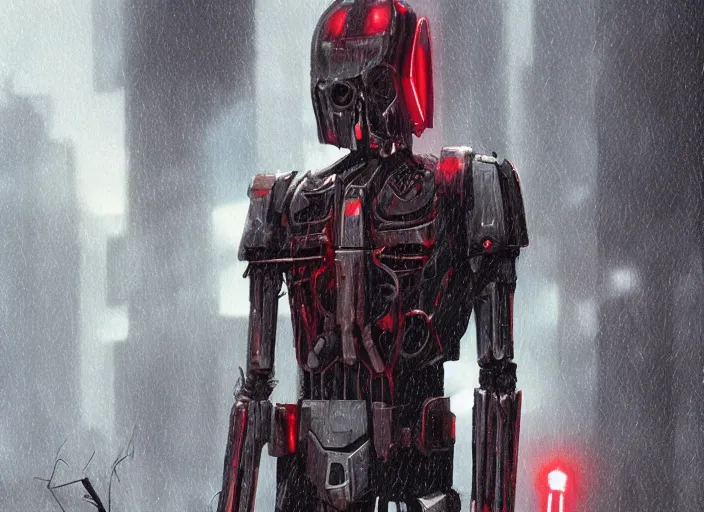 Image similar to 3 5 mm portrait photo of ( general grievous )!! with heavy duty biomechanical cybernetic body with many red lightsabers in the city in the rain. cyberpunk horror in the style of george lucas.