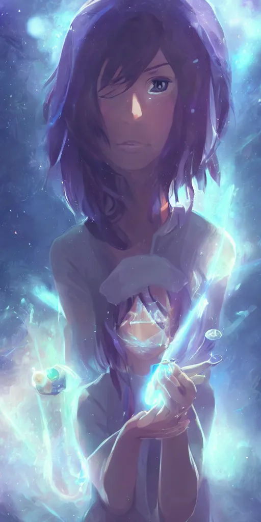 Image similar to beautiful young Himalayan woman with psychic powers, holding crystals, sad, futuristic, somber, by Makoto Shinkai, by rossdraws, dramatic lighting, reflective light