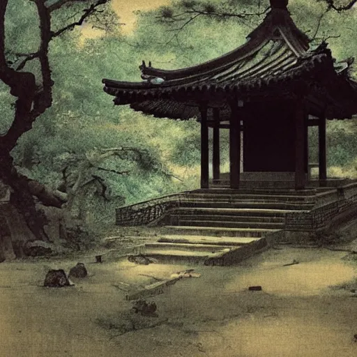 Image similar to small pavilion in the forest, by lang jingshan,