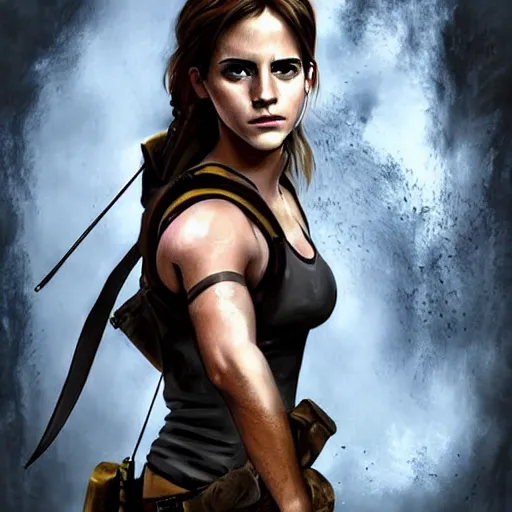 Image similar to Emma Watson as Lara Croft, digital art, highly-detailed, stunning