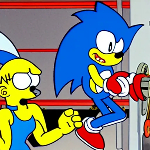 Image similar to sonic punches homer simpson while bart shoots at sonic.