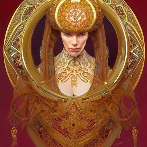 Image similar to a portrait of a putin, upper half portrait, decorated with russian motifs, traditional russia, intricate, elegant, highly detailed, symmetry, headpiece, digital painting, artstation concept art smooth sharp focus, illustration, art by artgerm and greg rutkowski alphonse mucha 8 k