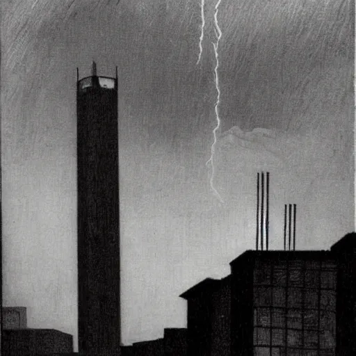Image similar to an engraving of a storm battering a lighth tower skyscrepper in city downtown by edward hopper