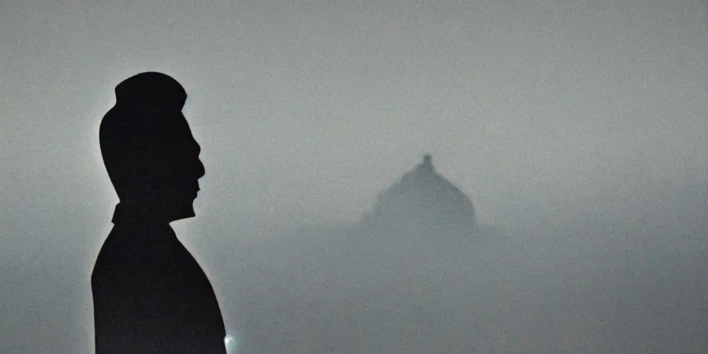 Image similar to kim jong - il silhouette, pyongyang, fog, in the style of ghost in the shell by mamoru oshii