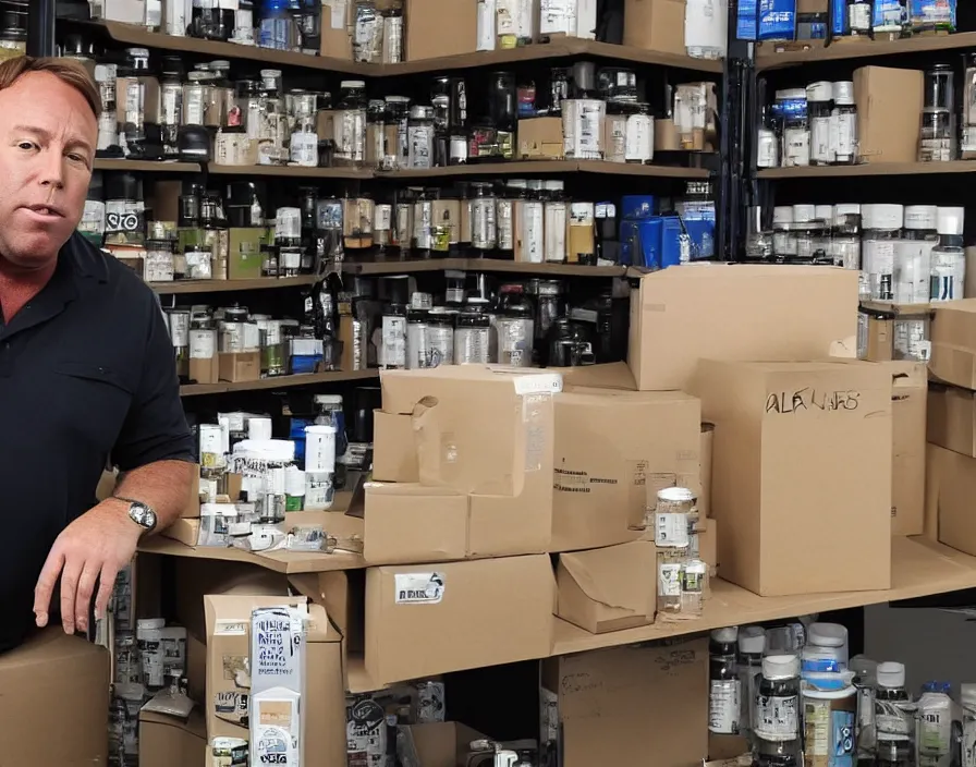 Image similar to Alex Jones inventing new conspiracy theories in his garage office, surrounded by boxes of herbal supplements, detailed photograph high quality