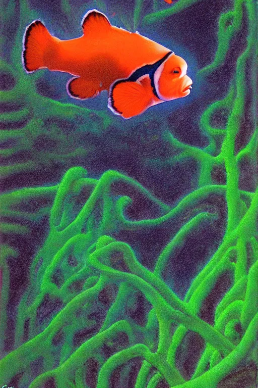 Image similar to oldbio rainforest clownfish, painted by richard corben and wayne reynolds and bob eggleton and sid check, trending on artstation, volumetric lighting top view movie poster, crayon art, crayon art, naturalism, idealism