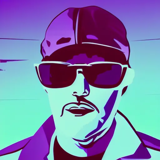 Image similar to 3 / 4 view closeup portrait of johnny silverhand with light blue shutter shades in front of a sunset, a dark purple leather jacket, vector art by jan tengnagel, pixabay contest winner, retrofuturism, retrowave, synthwave, outrun, portrait, synthwave