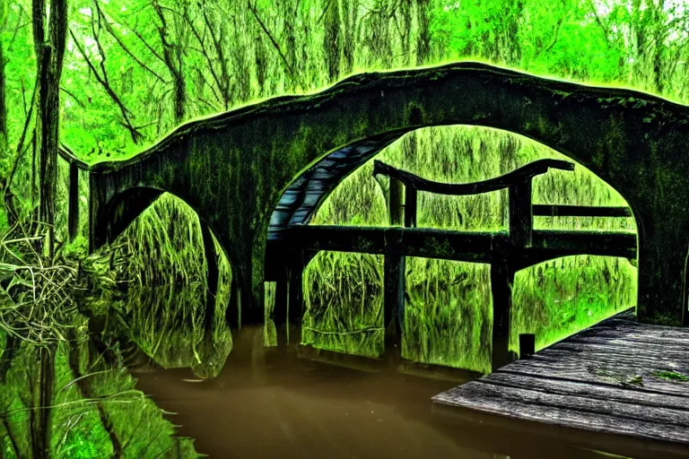 Prompt: a cursed bridge through an evil swamp