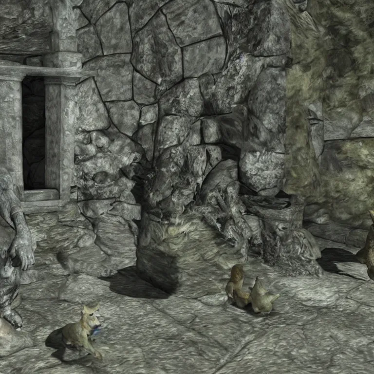 Image similar to a stone shiba inu statue guarding a draugr tomb in skyrim