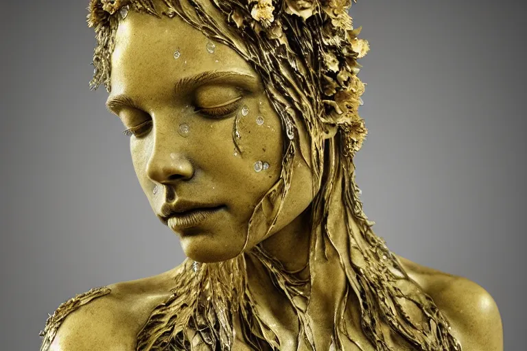 Image similar to a sculpture of a person with flowing golden tears, fractal plants and fractal flowers on the skin, intricate, veins, a marble sculpture by nicola samori, behance, neo - expressionism, marble sculpture, apocalypse art, made of mist, octan render