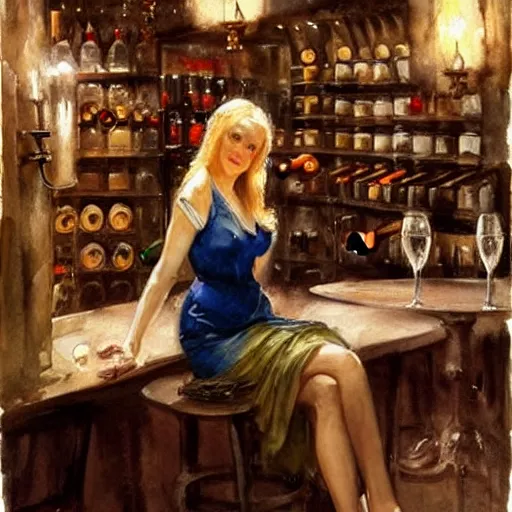 Image similar to beautiful blonde in hot dress in a wine cellar, food, pork, beer, schnapps, rustic, traditional, torches on the wall, watercolor by vladimir volegov and anders zorn, highly detailed, masterpiece