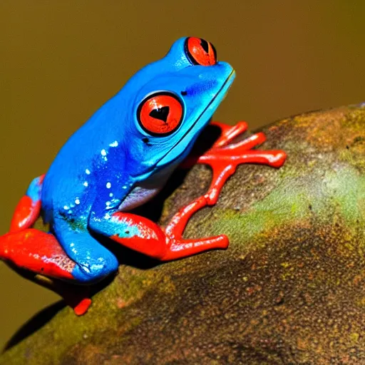 Prompt: photograph of a red frog and a blue bird