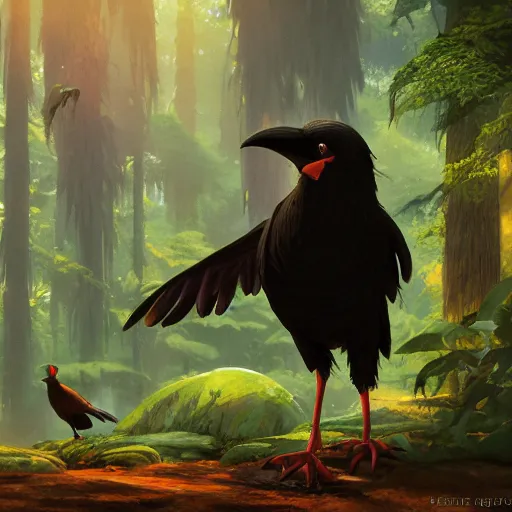 Prompt: concept art painting of an anthropomorphic humanoid crow, in the deep forest, realistic, detailed, cel shaded, in the style of makoto shinkai and greg rutkowski and james gurney