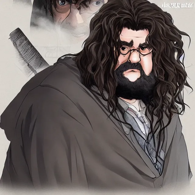 Image similar to hagrid ( harry potter ) as seen in initial d anime, anime, artstation, style of shuichi shigeno