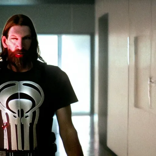 Image similar to a 4 k cinematic film still portrait of aphex twin breaking into the office from a gritty cyberpunk 2 0 0 0 s james cameron movie about the punisher. realism, cinematic lighting, 4 k. 8 mm. grainy. panavision.